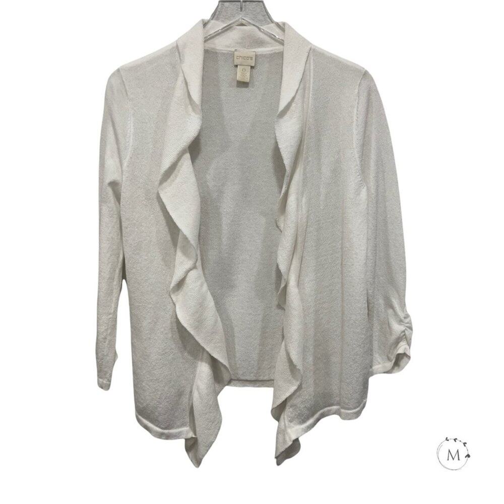 Chico's Size‎ S White Cardigan Top Ruffle Trim Open Front 3/4 Sleeve